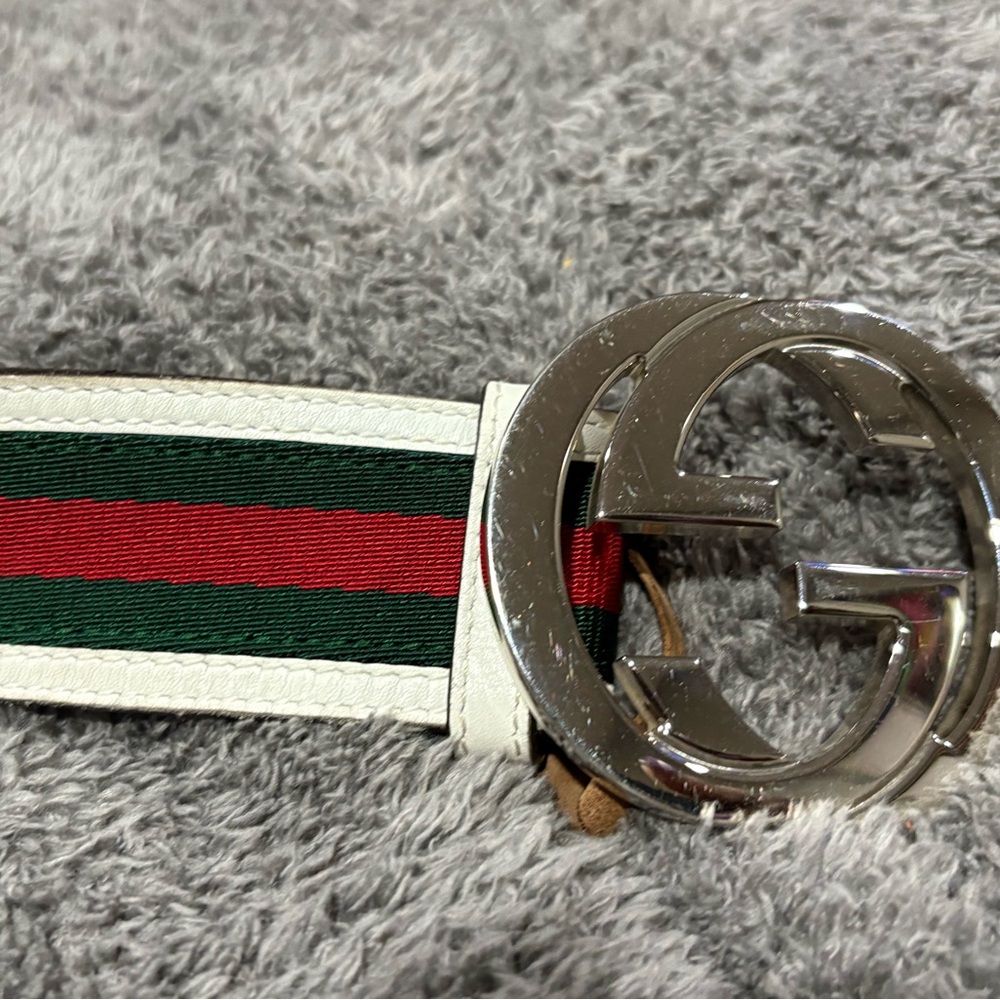 Gucci Silver Buckle Belt with Green and Red Stripe